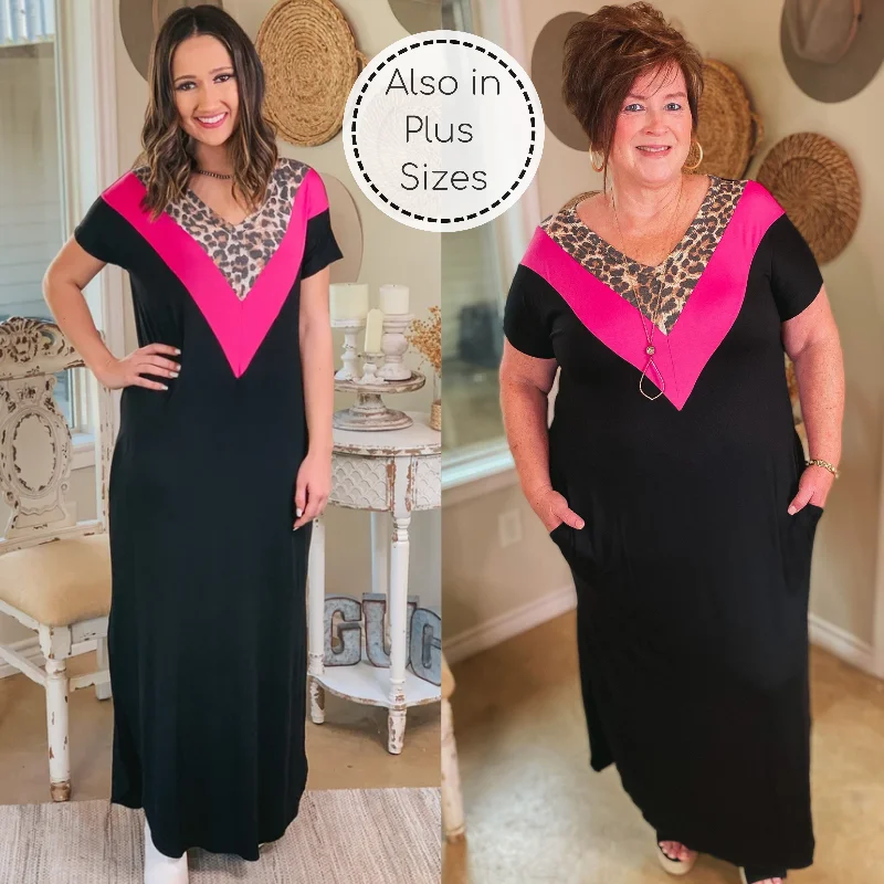 bohemian maxi dresses for summer -A Wild Time Leopard and Fuchsia V Neck Accent Maxi Dress in Black