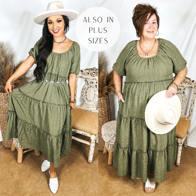 purple maxi dresses for summer -Sweetest Moments Ruffle Tiered Maxi Dress in Olive Green