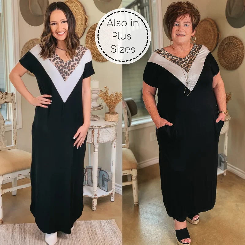 cotton maxi dresses for summer -A Wild Time Leopard and Ivory V Neck Accent Maxi Dress in Black