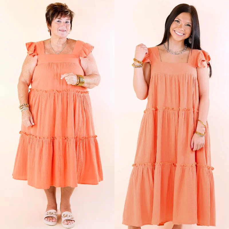 yellow maxi dresses for summer -Sun-Sational Ruffle Tiered Tank Midi Dress in Orange