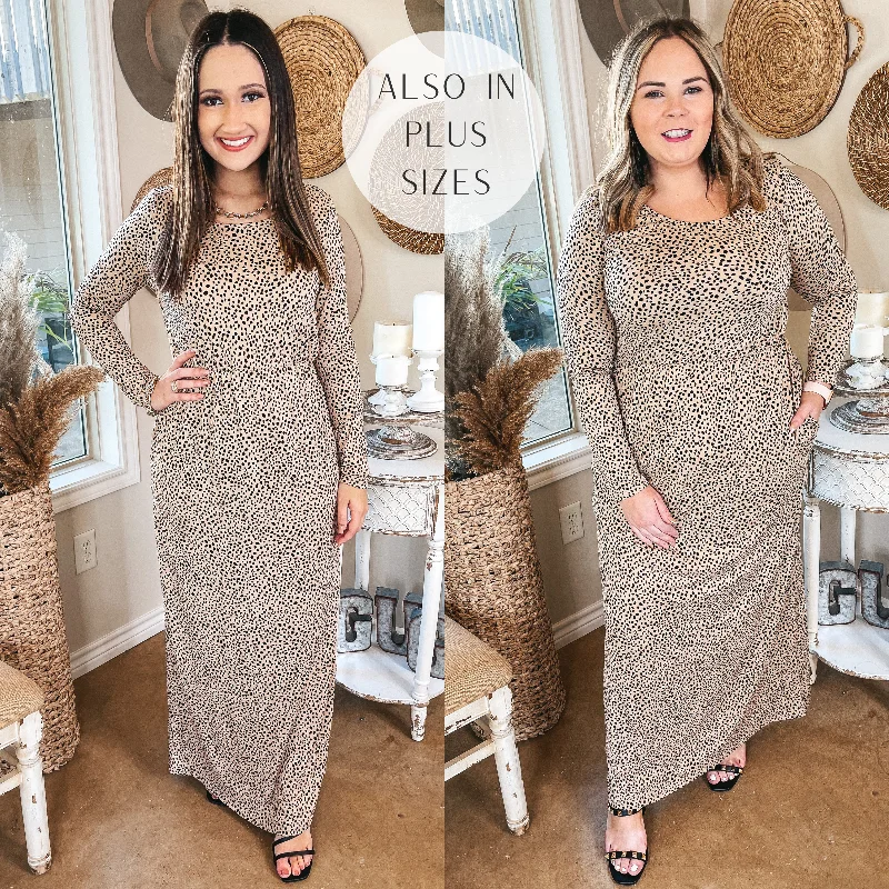 modern maxi dresses for summer -Last Chance Size Small | Downtown Spotlight Long Sleeve Dotted Babydoll Maxi Dress in Beige