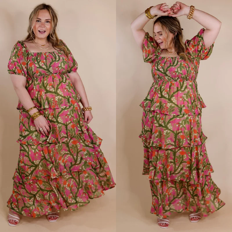 bohemian maxi dresses for women -Fun Feeling Floral Tiered Maxi Dress with Smocked Balloon Sleeves in Green Mix