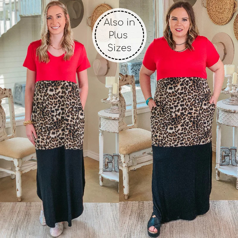 designer maxi dresses for summer -Last Chance Size Small & Medium | Change of Plans Leopard Print Color Block Maxi Dress in Red