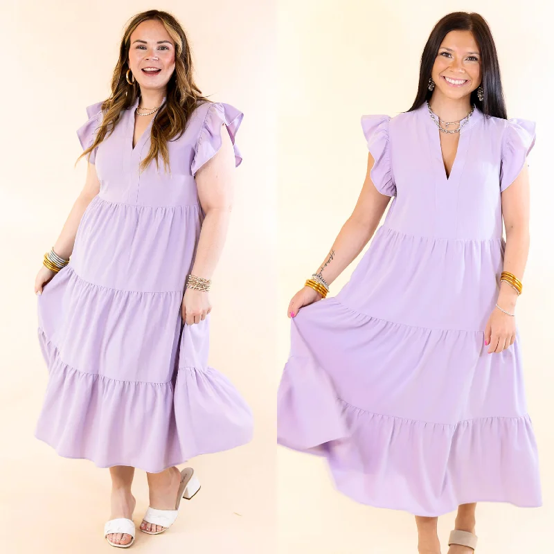 velvet maxi dresses for summer -Magnolia Morning Ruffle Cap Sleeve Tiered Midi Dress in Lavender Purple