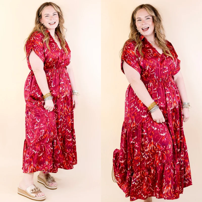 formal maxi dresses for summer -Burnin' Up Multicolor Abstract Midi Dress in Wine Red