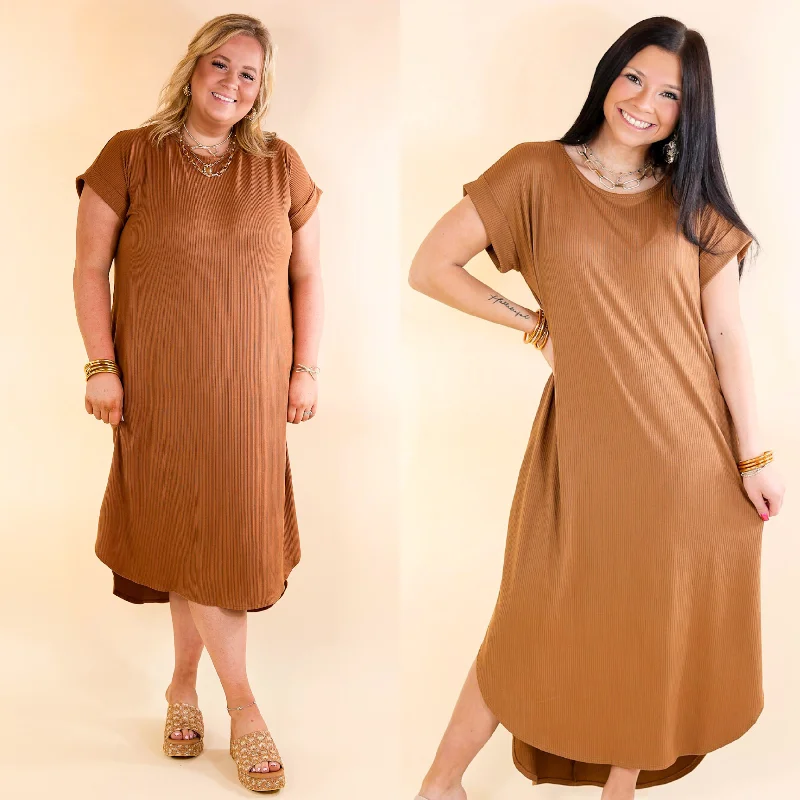 polka dot maxi dresses for summer -Last Chance Size Small & XL | Chill Looks Short Sleeve Thin Ribbed Midi Dress in Caramel Brown