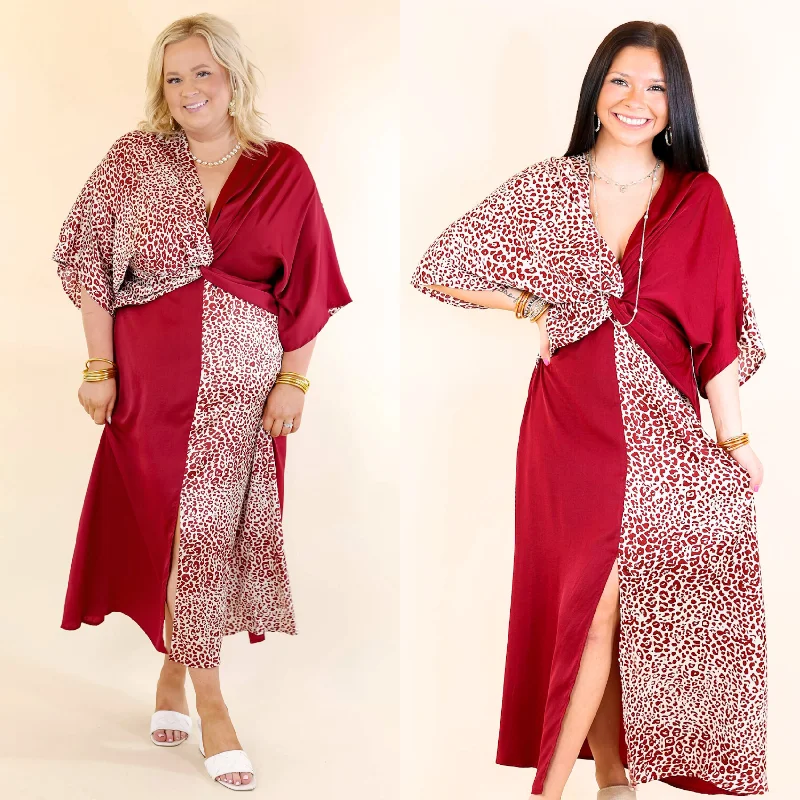 stylish maxi dresses for summer -Take My Breath Away Front Knot Leopard Print Block Midi Dress in Maroon