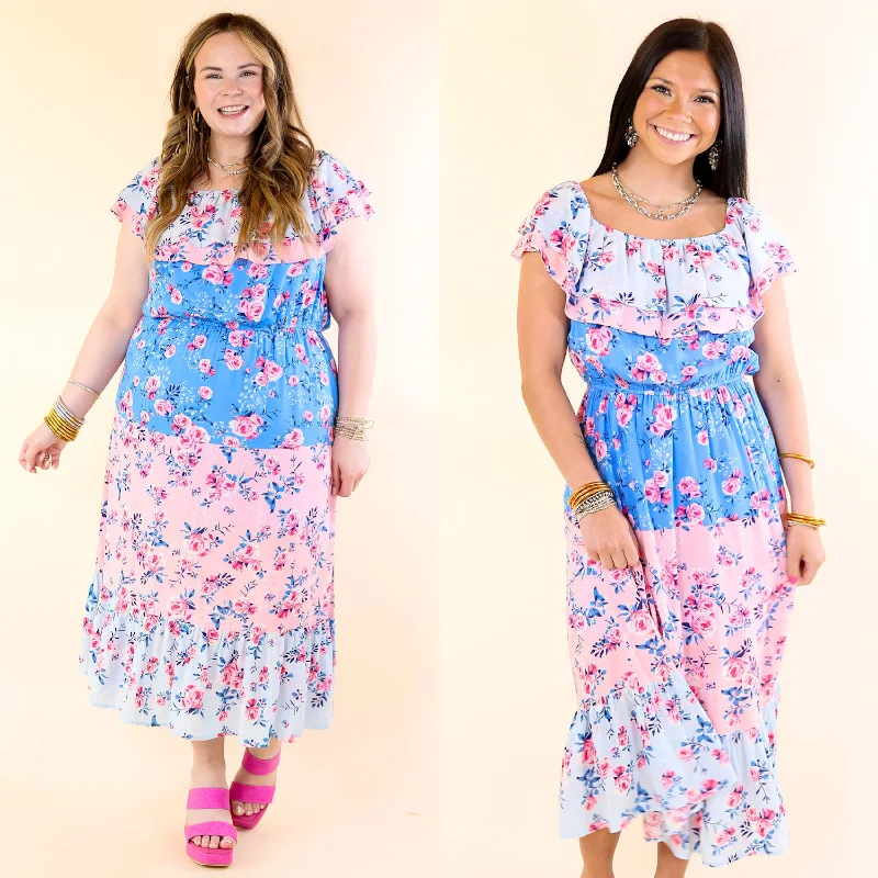 affordable maxi dresses for summer -Tides In Tulum Floral Midi Dress with Ruffle Sleeves in Pink and Blue