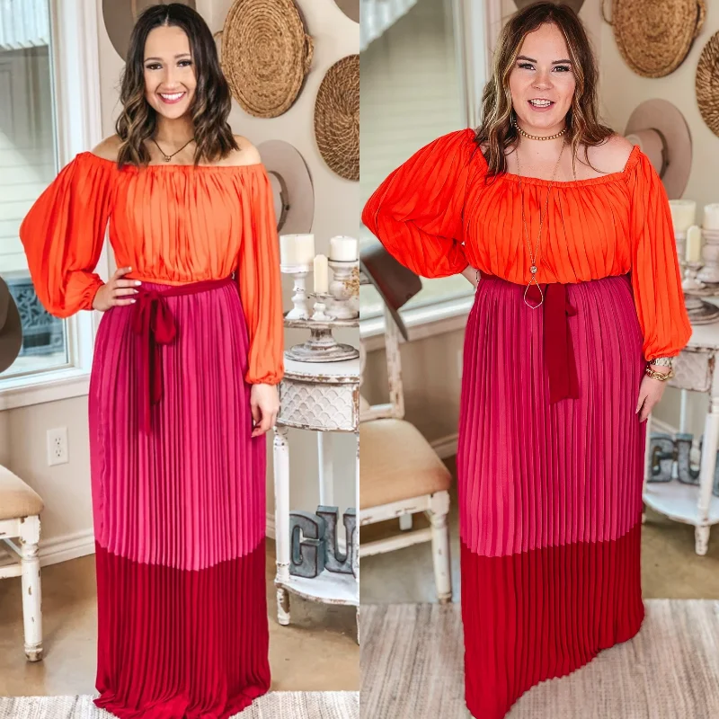 pink maxi dresses for summer -Last Chance Size Small & Medium | Walk On The Bright Side Pleated Off the Shoulder Color Block Maxi Dress in Pink