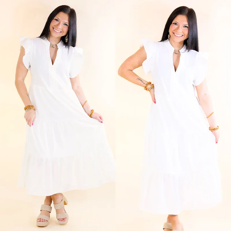 blue maxi dresses for summer -Magnolia Morning Ruffle Cap Sleeve Tiered Midi Dress in White