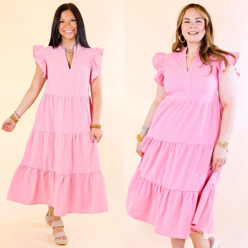 casual maxi dresses for summer -Magnolia Morning Ruffle Cap Sleeve Tiered Midi Dress in Pink