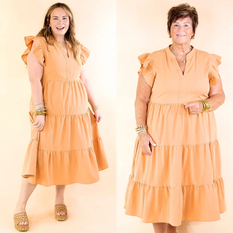 elegant maxi dresses for summer -Magnolia Morning Ruffle Cap Sleeve Tiered Midi Dress in Sunset Orange