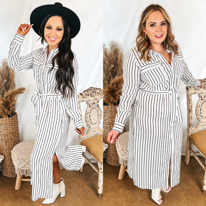 designer maxi dresses for prom -Dreaming of You Striped Button Up Maxi Dress in White