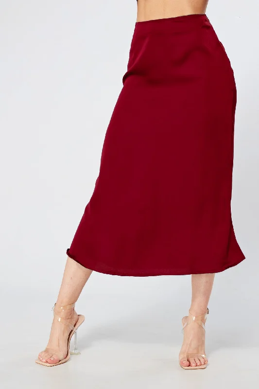 satin midi dresses for spring -Elisa Deep Red Satin Midi Skirt