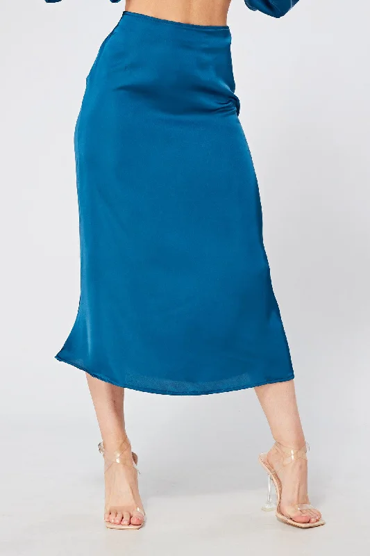 silk midi dresses for spring -Elisa Blue Satin Flare Midi Skirt