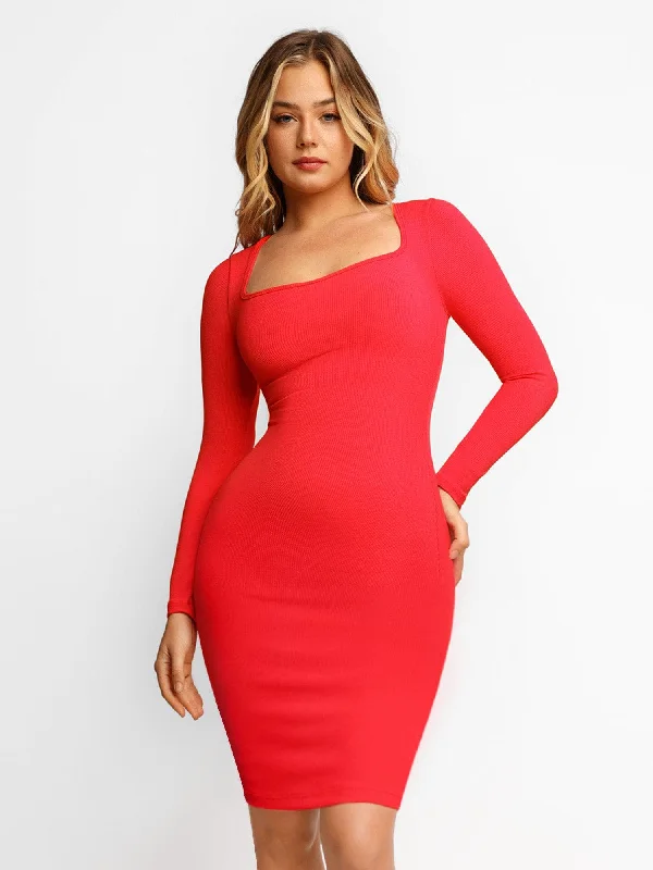 satin midi dresses for spring -Shapewear Long Sleeve Square Neck Modal Slimming Midi Dress