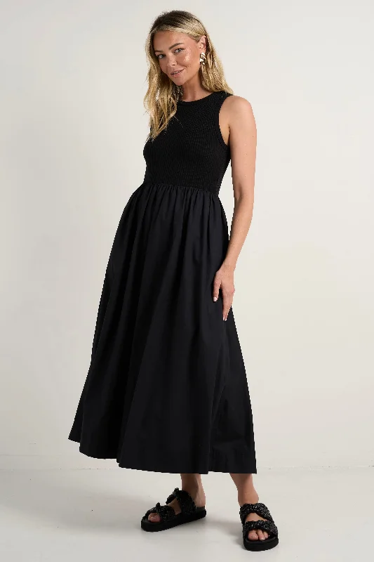 designer midi dresses online -Indispensable Black Crew Neck Contrast Midi Dress