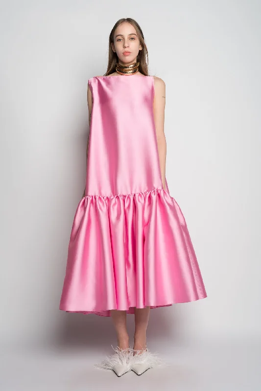 elegant midi dresses for women -PINK MIDI SLEEVELESS PUFF HEM DRESS