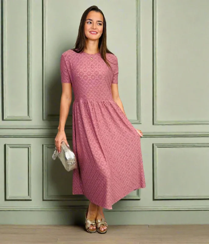 red midi dresses for summer -Pink Broderie Anglaise Stretch Midi Dress