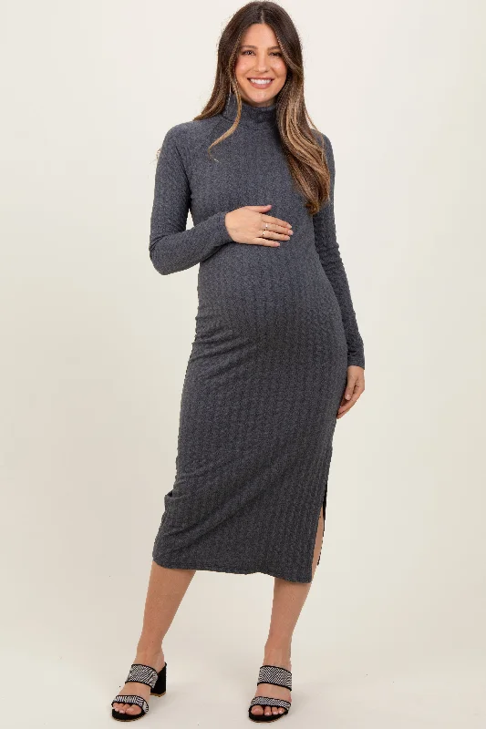 black midi dresses for spring -Charcoal Cable Knit Turtleneck Maternity Midi Sweater Dress