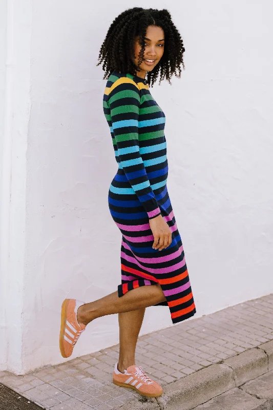 stylish midi dresses for spring -Liselle Midi Knit Dress - Multi, Staggered Rainbow