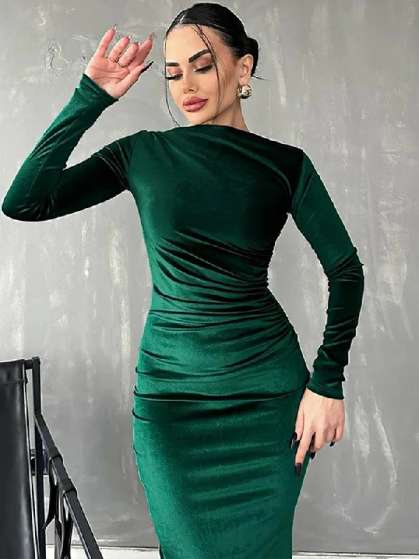 bold midi dresses for summer -Velvet Long Sleeve Midi Dress - Elegant Party Clothes for Christmas Party