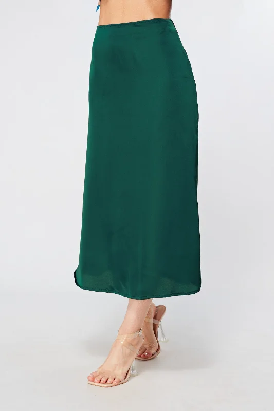 cotton midi dresses for spring -Elisa Dark Green Satin Midi Skirt