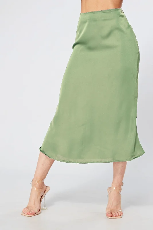 trendy midi dresses for spring -Elisa Olive Satin Midi Skirt