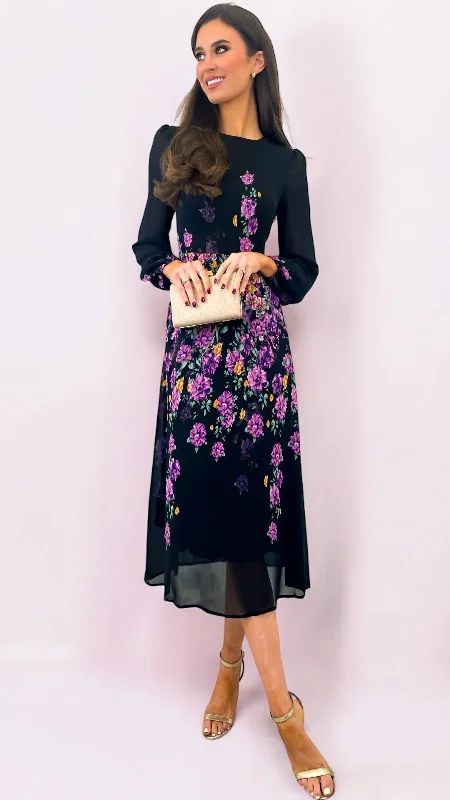 modern midi dresses for summer -5-A1963 Malliah Black Floral Midi Dress