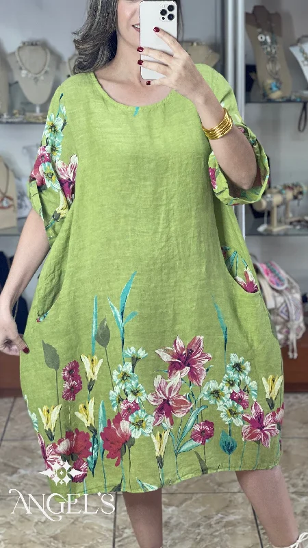 modern midi dresses for spring -Green Floral OS Linen Midi Dress