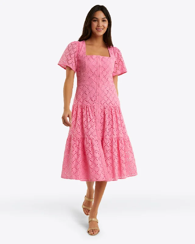 pink midi dresses for spring -Caitlyn Midi Dress in Eyelet