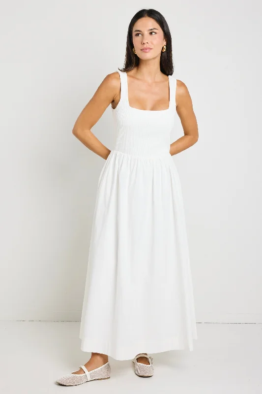 white midi dresses for wedding -Obsidian Ivory Square Neck Contrast Midi Dress