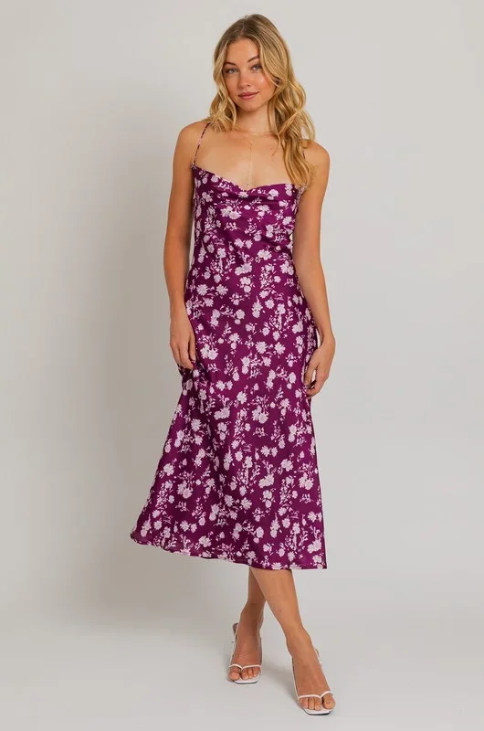 purple midi dresses for spring -Purple Floral Satin Midi Dress