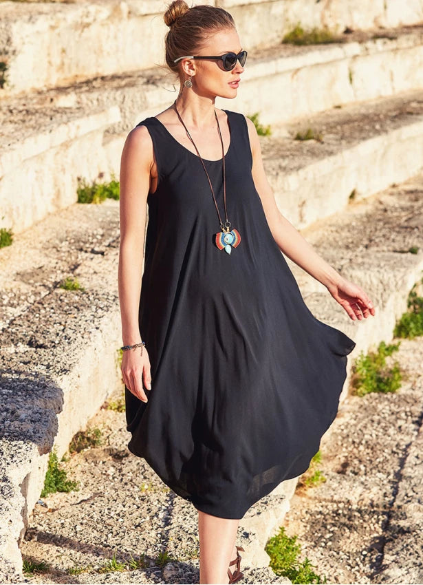 formal midi dresses for summer -Bohemian Boat Neck Bolt Cut Gypsy Midi Black Dress