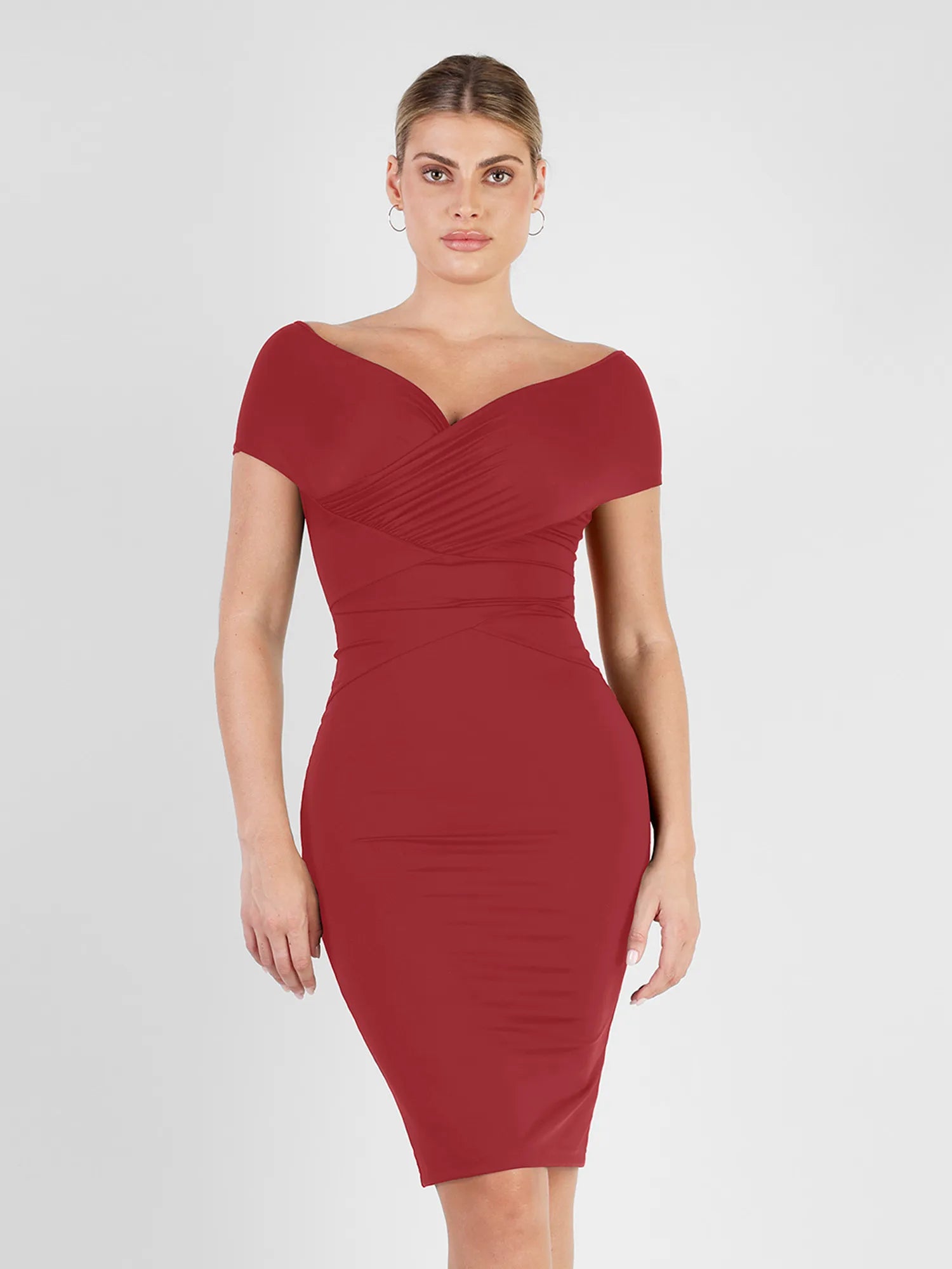 vintage midi dresses for spring -Shapewear Ruched Off-Shoulder Sculpting Midi Dress