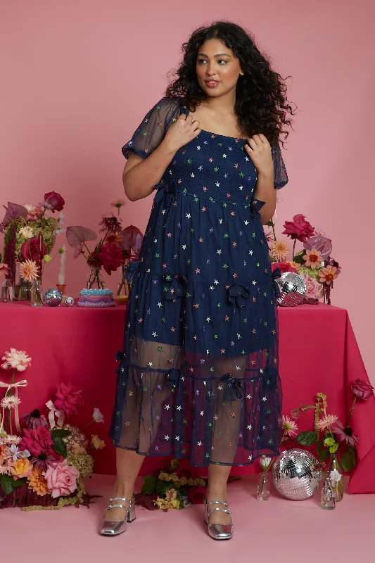 silk midi dresses for spring -Evelyn Rainbow Star print Navy Tulle Midi Dress Curve