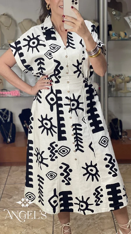 modern midi dresses for spring -Cream/Black Abstract Print Midi Dress