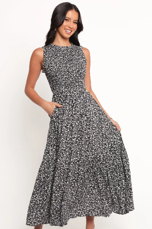 polka dot midi dresses for women -Agatha Midi Dress - Black Floral