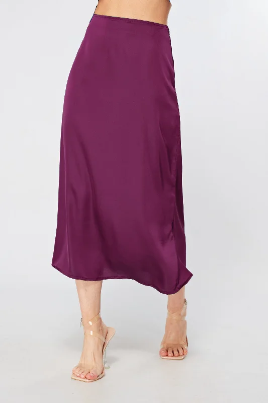 floral midi dresses for spring -Elisa Plum Satin Midi Skirt