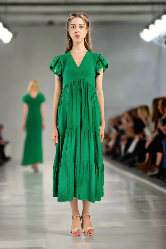 trendy midi dresses for spring -Midi Trapeze Dress-Green