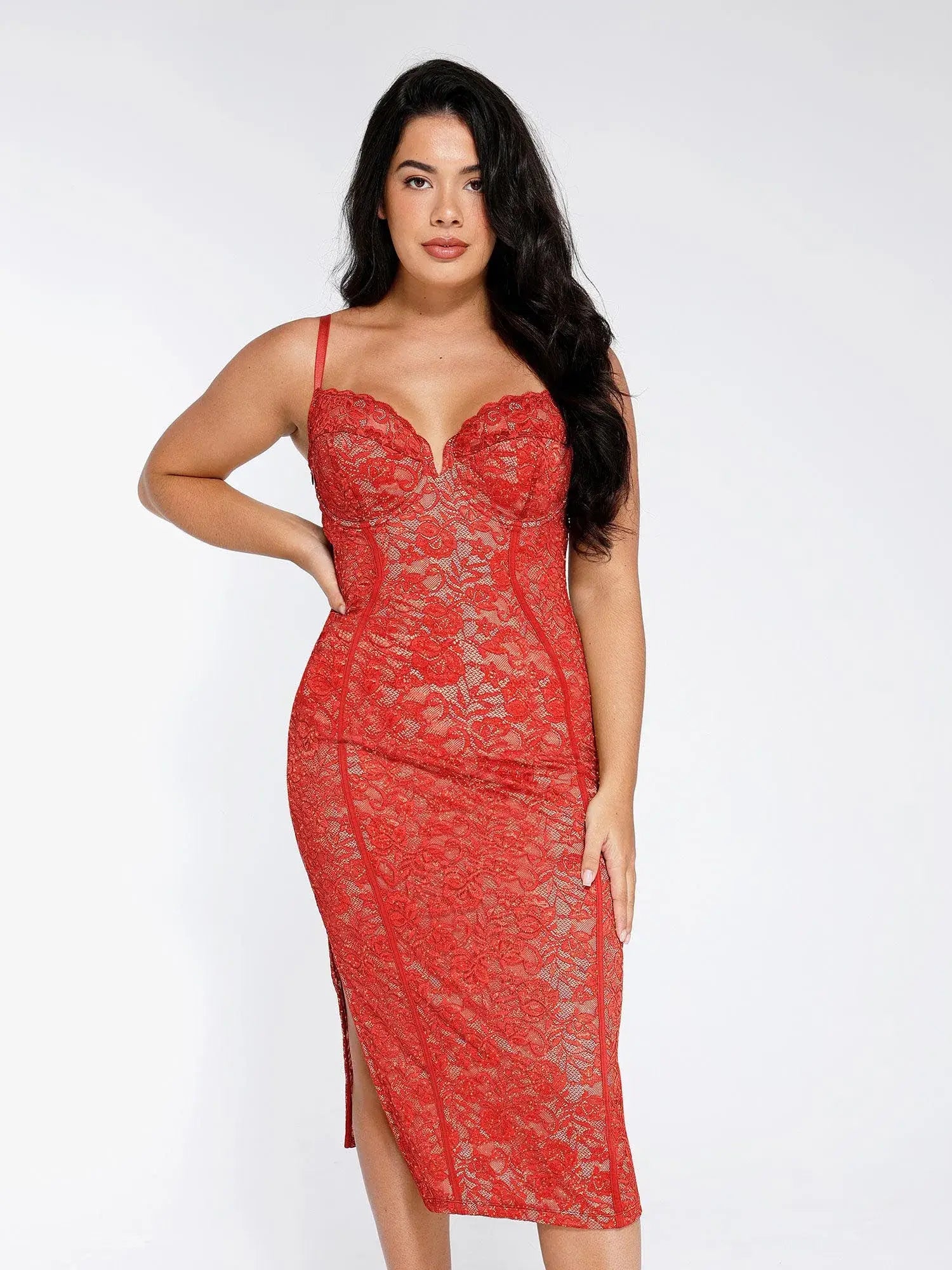 red midi dresses for spring -Shapewear All-Lace Hourglass Corset Side Slit Midi Dress