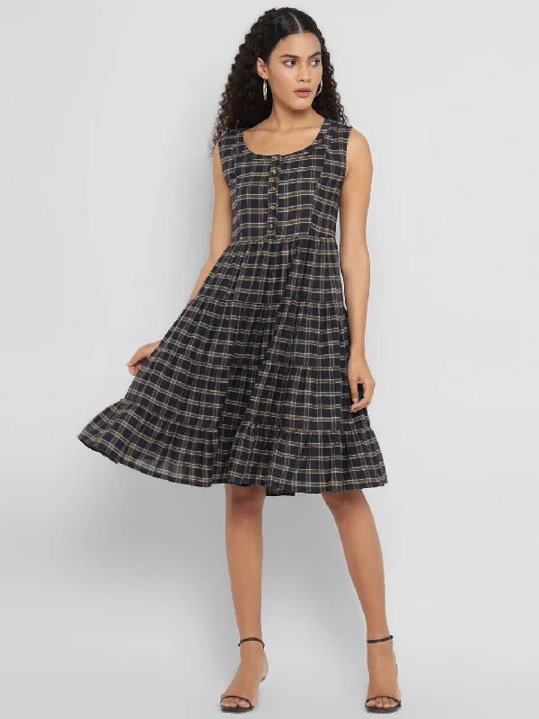 bold midi dresses for spring -Porsorte Navy Blue & Beige Checked A-Line Sleeveless Midi Dress for Women