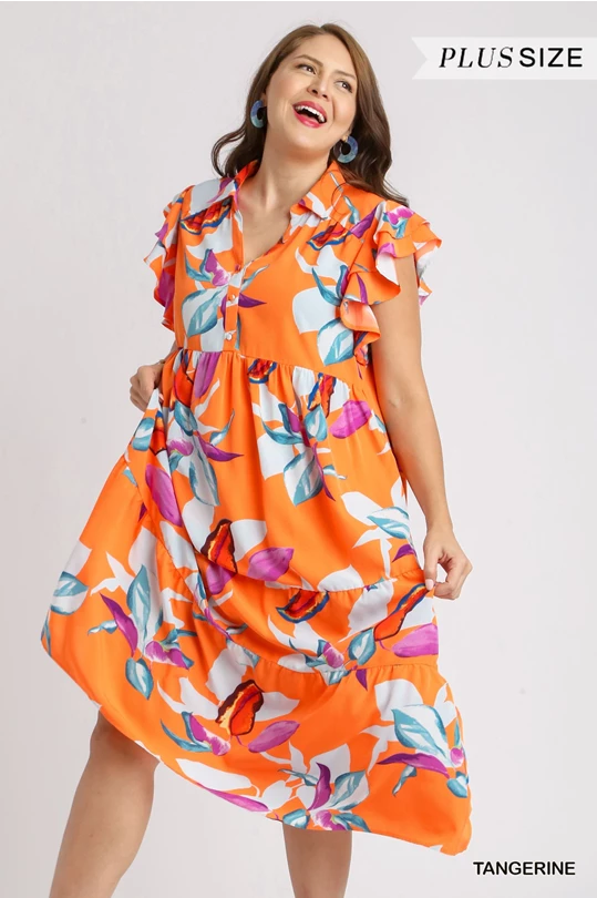 denim midi dresses for spring -Tangerine Floral Midi Dress