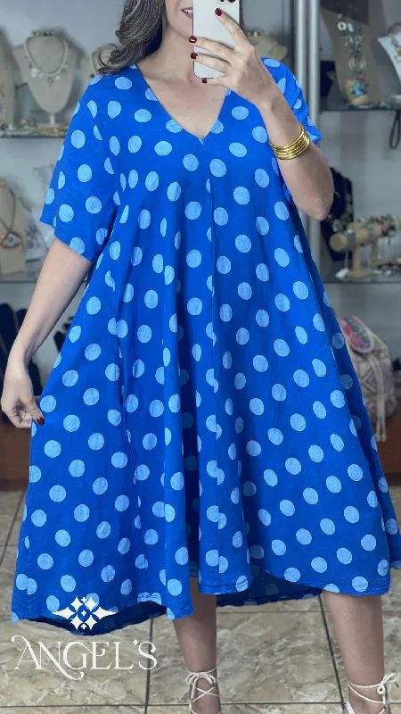 blue midi dresses for spring -Polkadots OS Midi Dress