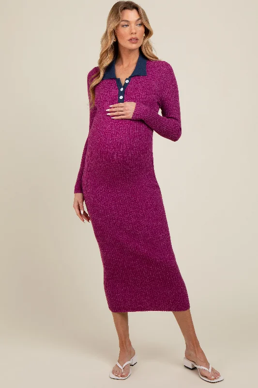 bohemian midi dresses for spring -Magenta Collared Button Front Long Sleeve Maternity Midi Sweater Dress