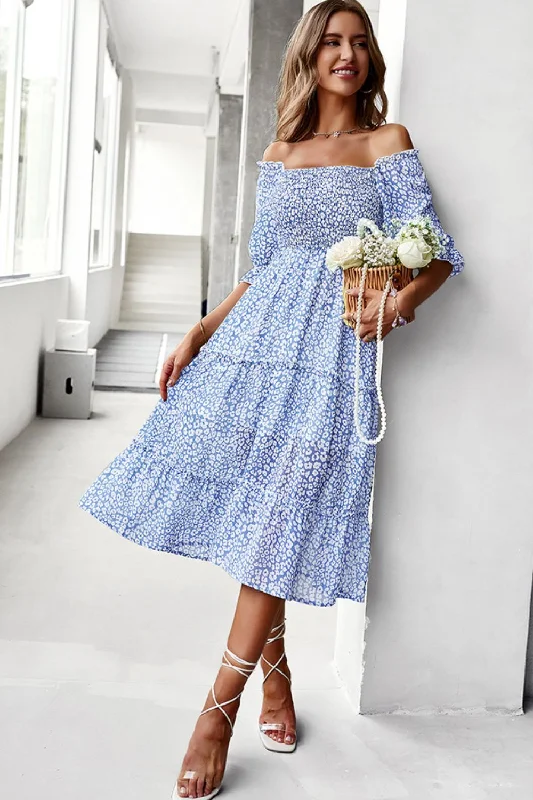 off shoulder midi dresses purple -Off-Shoulder Smocked Midi Dress