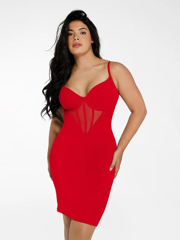 trendy midi dresses for spring -Shapewear Mesh Corset Panel Built-In Sculpting Midi Dress