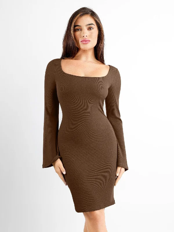 designer midi dresses for spring -Shapewear Bell Sleeve Square Neck Slimming Midi Dress