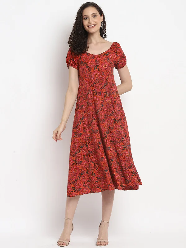 formal midi dresses for spring -Porsorte Womens Floral Print Red Puff Sleeve Midi Dress