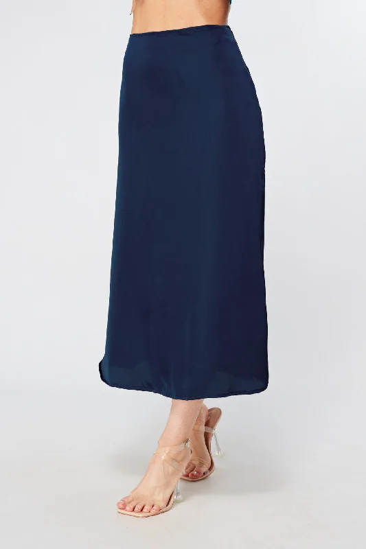 orange midi dresses for spring -Elisa Navy Satin Midi Skirt